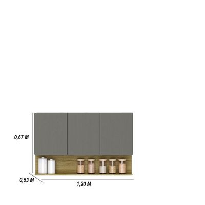 Kit Balcão De Pia Com Tampo E Aereo 120 Cm 6 Portas 1 Gaveta Line - Gris/gris/cp-freijó