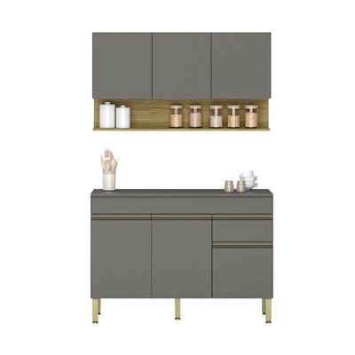 Kit Balcão De Pia Com Tampo E Aereo 120 Cm 6 Portas 1 Gaveta Line - Gris/gris/cp-freijó