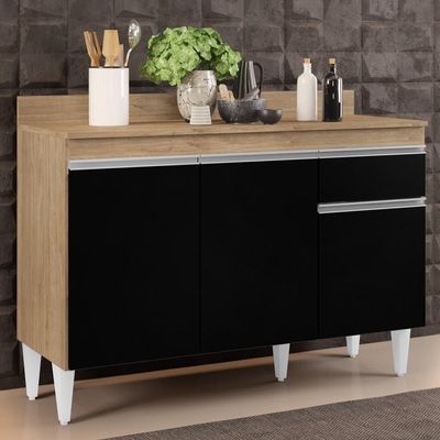 Balcão Gabinete 120cm Com Tampo 3 Portas 1 Gaveta Arizona Castanho-preto - Lumil Móveis