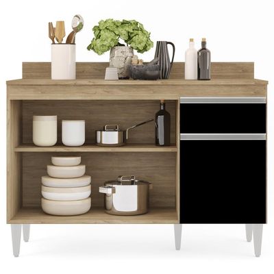 Balcão Gabinete 120cm Com Tampo 3 Portas 1 Gaveta Arizona Castanho-preto - Lumil Móveis