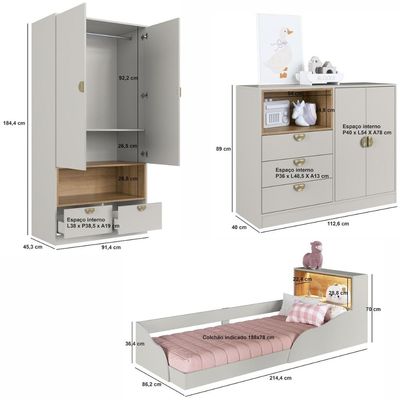 Quarto Infantil com Cama de Solteiro Montessoriana Cômoda e Guarda Roupas Lille Cj076
