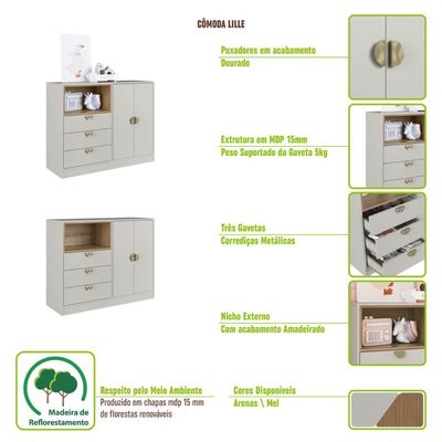 Quarto Infantil com Cama de Solteiro Montessoriana Cômoda e Guarda Roupas Lille Cj076