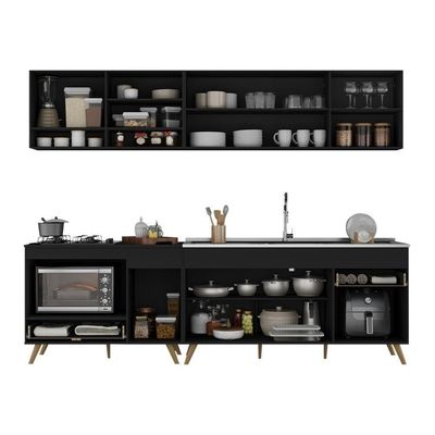 Armário De Cozinha Modulada Compacta 4 Peças Com Balcão Para Cooktop Veneza Multimóveis Mp2261 Preto Dourado