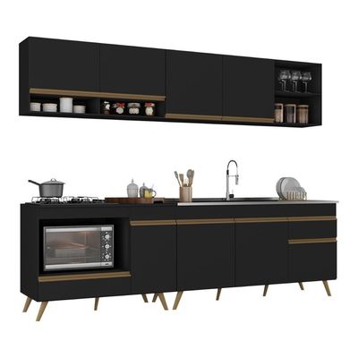 Armário De Cozinha Modulada Compacta 4 Peças Com Balcão Para Cooktop Veneza Multimóveis Mp2261 Preto Dourado