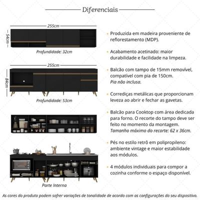 Armário De Cozinha Modulada Compacta 4 Peças Com Balcão Para Cooktop Veneza Multimóveis Mp2261 Preto Dourado