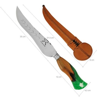 Faca Artesanal Forjada Integral Churrasco Pena Folha Inox 420c Cabo Híbrido Madeira e Resina Verde
