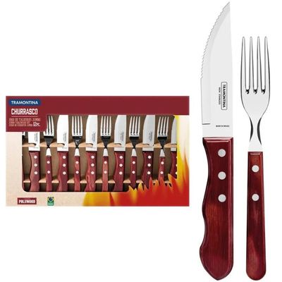Jogo de Talheres para Churrasco Jumbo Tramontina em Aço Inox com Cabo Vermelho Polywood 12 Peças Vermelho
