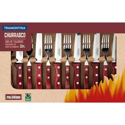 Jogo de Talheres para Churrasco Jumbo Tramontina em Aço Inox com Cabo Vermelho Polywood 12 Peças Vermelho