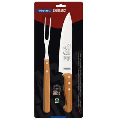 Jogo Tramontina Garfo Trinchante e Faca 8'' Churrasco Inox Cabo Madeira Natural 2 Peças