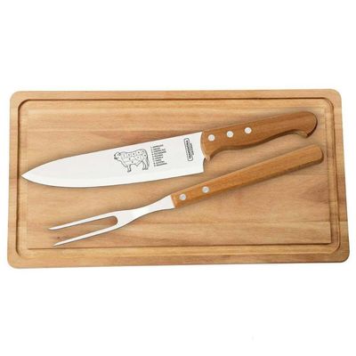 Jogo Tramontina Garfo Trinchante e Faca 8'' Churrasco Inox Cabo Madeira Natural 2 Peças