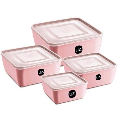 Kit 8 Potes Plástico UZ Rosa Quadrados Mantimentos 1,5L com Tampa Premium