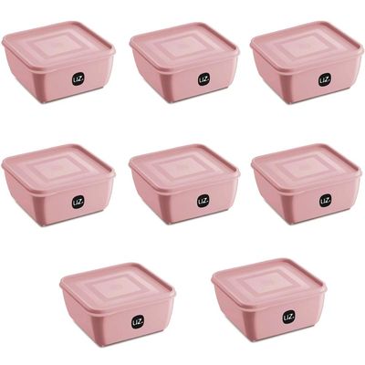 Kit 8 Potes Plástico UZ Rosa Quadrados Mantimentos 1,5L com Tampa Premium