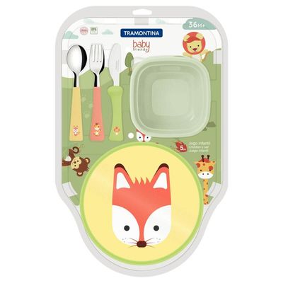 Kit Infantil Alimentação Pote Prato Talher Tramontina Baby Friends Plástico 5 Peças Colorido