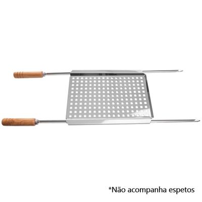 Grelha Perfurada para Carnes e Vegetais 37x29cm Aço Inox com Canaletas para Encaixar Espetos