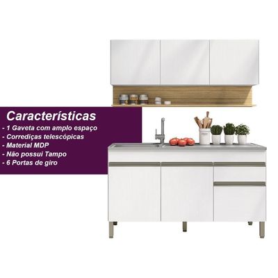 Kit Balcão De Pia Sem Tampo E Aereo 150 Cm 6 Portas 1 Gaveta Line - Supremo/supremo/cp-freijó