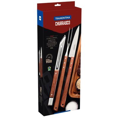 Kit para Churrasco Tramontina em Aço Inox e Madeira Faca Pegador e Garfo Trinchante