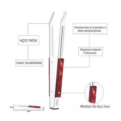 Jogo Trinchante Faca 8' Garfo e Pegador de Carne Tramontina Aço Inox e Cabos Polywood Vermelho