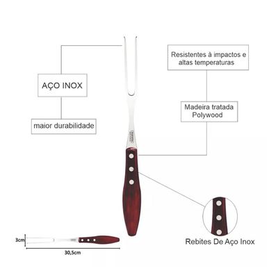 Jogo Trinchante Faca 8' Garfo e Pegador de Carne Tramontina Aço Inox e Cabos Polywood Vermelho