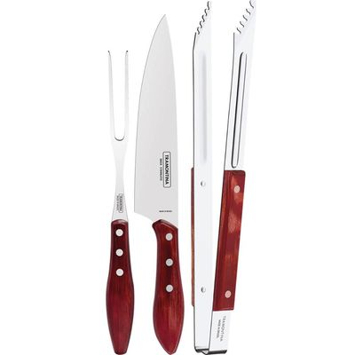 Jogo Trinchante Faca 8' Garfo e Pegador de Carne Tramontina Aço Inox e Cabos Polywood Vermelho