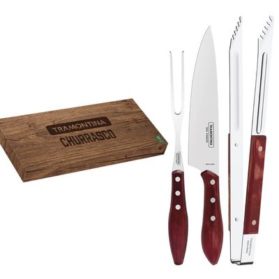 Jogo Trinchante Faca 8' Garfo e Pegador de Carne Tramontina Aço Inox e Cabos Polywood Vermelho