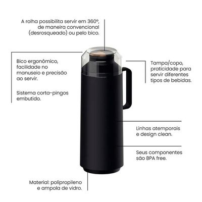 Garrafa Térmica com Sistema Corta Pingos 1L Tramontina em Plástico com Ampola de Vidro Preto Preto