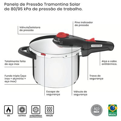 Panela de Pressão Tramontina Solar em Aço Inox 4,5L Fundo Triplo com 5 Dispositivos de Segurança
