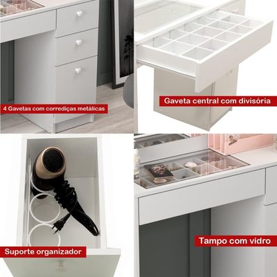 Penteadeira Ditália com Tampo ce Vidro + Kit Luz PE-120 Branca