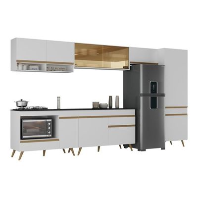 Cozinha Modulada Completa 357cm 6 Peças Com Balcão Para Cooktop Veneza Multimóveis Mp2275 Branco Dourado