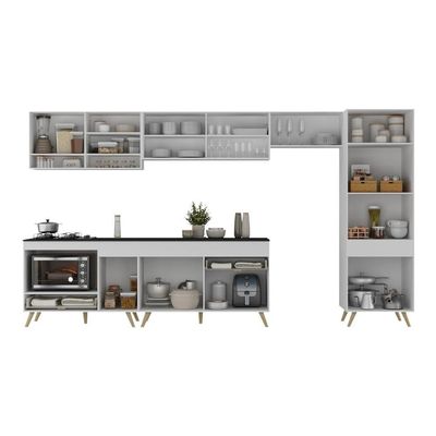 Cozinha Modulada Completa 357cm 6 Peças Com Balcão Para Cooktop Veneza Multimóveis Mp2275 Branco Dourado