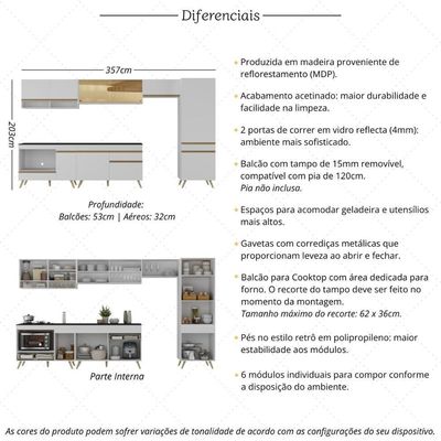 Cozinha Modulada Completa 357cm 6 Peças Com Balcão Para Cooktop Veneza Multimóveis Mp2275 Branco Dourado