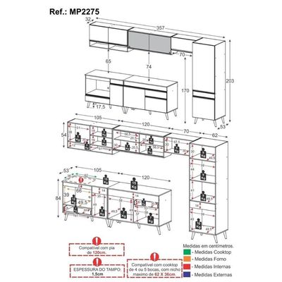 Cozinha Modulada Completa 357cm 6 Peças Com Balcão Para Cooktop Veneza Multimóveis Mp2275 Branco Dourado