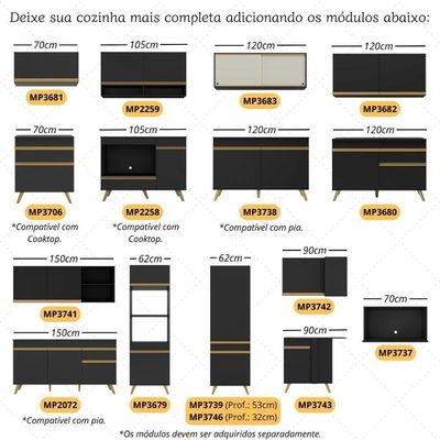 Cozinha Modulada Completa Compacta 5 Peças Com Balcão Para Cooktop Veneza Multimóveis Mp2270 Preto Dourado