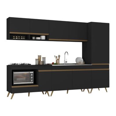 Cozinha Modulada Completa Compacta 5 Peças Com Balcão Para Cooktop Veneza Multimóveis Mp2270 Preto Dourado