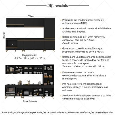 Cozinha Modulada Completa Compacta 5 Peças Com Balcão Para Cooktop Veneza Multimóveis Mp2270 Preto Dourado