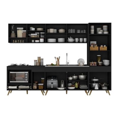 Cozinha Modulada Completa Compacta 5 Peças Com Balcão Para Cooktop Veneza Multimóveis Mp2270 Preto Dourado