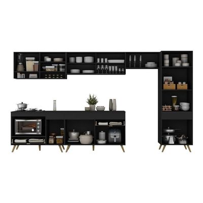 Cozinha Modulada Completa 357cm 6 Peças Com Balcão Para Cooktop Veneza Multimóveis Mp2275 Preto Dourado
