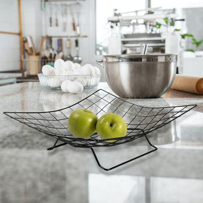 Fruteira Aramada de Bancada com Pedestal Preta Porta Frutas e Verduras Quadriculado Utimil