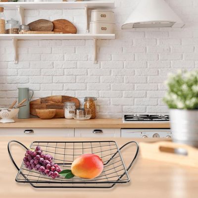 Fruteira de Bancada para Cozinha Aço Cromado Aramado Preto Porta Frutas e Verduras de Mesa com Alças