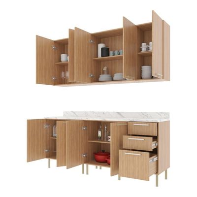 Cozinha Compacta 4 Peças Com Armário E Balcão Com Tampo Multimóveis Cr20448 Freijó Mármore Branco