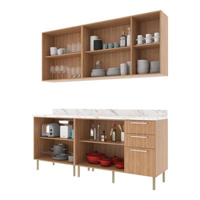 Cozinha Compacta 4 Peças Com Armário E Balcão Com Tampo Multimóveis Cr20448 Freijó Mármore Branco