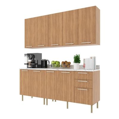 Cozinha Compacta 4 Peças Com Armário E Balcão Com Tampo Multimóveis Cr20448 Freijó Mármore Branco