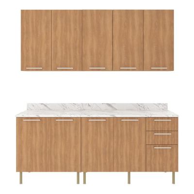 Cozinha Compacta 4 Peças Com Armário E Balcão Com Tampo Multimóveis Cr20448 Freijó Mármore Branco