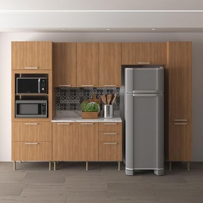 Cozinha Completa Modulada 5 Peças Com Balcão Com Tampo Multimóveis Cr20451 Freijó Mármore Branco