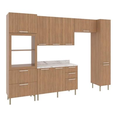 Cozinha Completa Modulada 5 Peças Com Balcão Com Tampo Multimóveis Cr20451 Freijó Mármore Branco