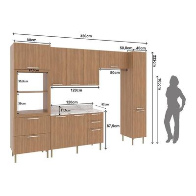 Cozinha Completa Modulada 5 Peças Com Balcão Com Tampo Multimóveis Cr20451 Freijó Mármore Branco