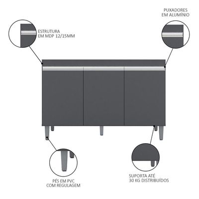 Balcão Gabinete Para Pia 120cm 3 Portas Sem Tampo Manu Cinza - Ajl Móveis