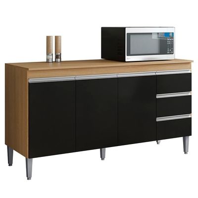 Balcão De Cozinha Com Tampo 150cm 3 Gavetas Andréia Amêndoa-preto - Ajl Móveis