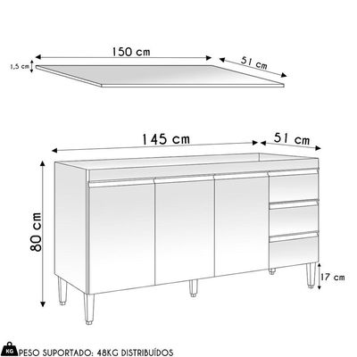 Balcão De Cozinha Com Tampo 150cm 3 Gavetas Andréia Amêndoa-preto - Ajl Móveis