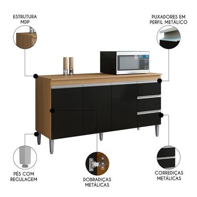 Balcão De Cozinha Com Tampo 150cm 3 Gavetas Andréia Amêndoa-preto - Ajl Móveis