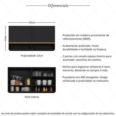 Armário De Cozinha Aéreo 105cm 2 Portas E Nichos Veneza Multimóveis Mp2259 Preto Dourado